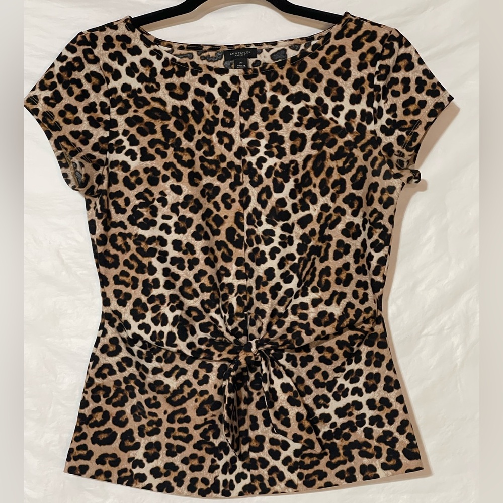 Ann Taylor Factory Leopard Print Short Sleeve Tie-Front Tee - Tan, Black, Brown